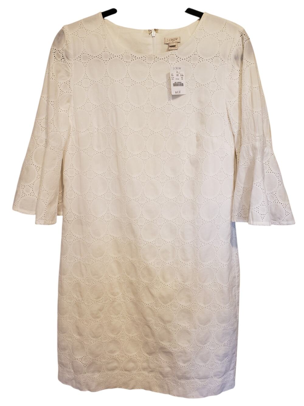J Crew Factory White Lace Eyelet Mini Shift Dress XS Bell Sleeves NWT